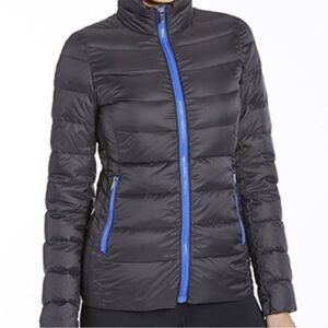 Fabletics Joni Puffer in Black with Blue Zippers
